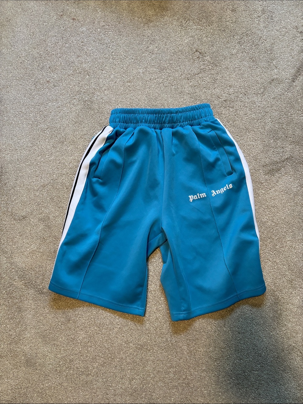 Palm Angels Blue Athletic Shorts with White Side Stripes